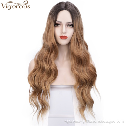 Vigorous Top Quality Long Black Wavy Wigs Middle Part Heat Resistant Synthetic Wave Wigs for Black Women Wholesale Price